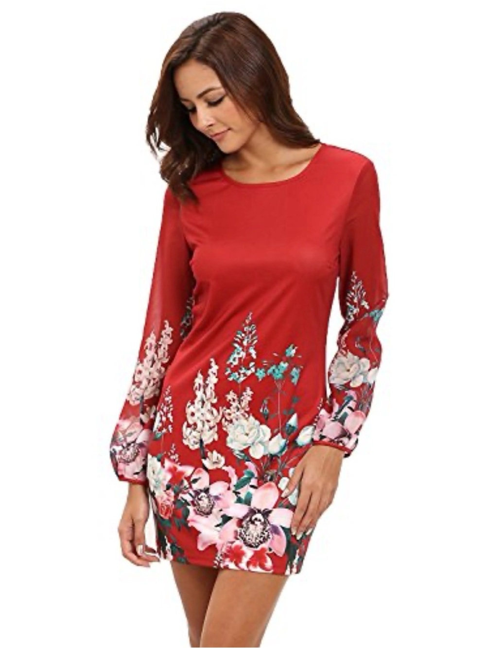 SHEIN Red Floral Long Sleeve Shift Dress